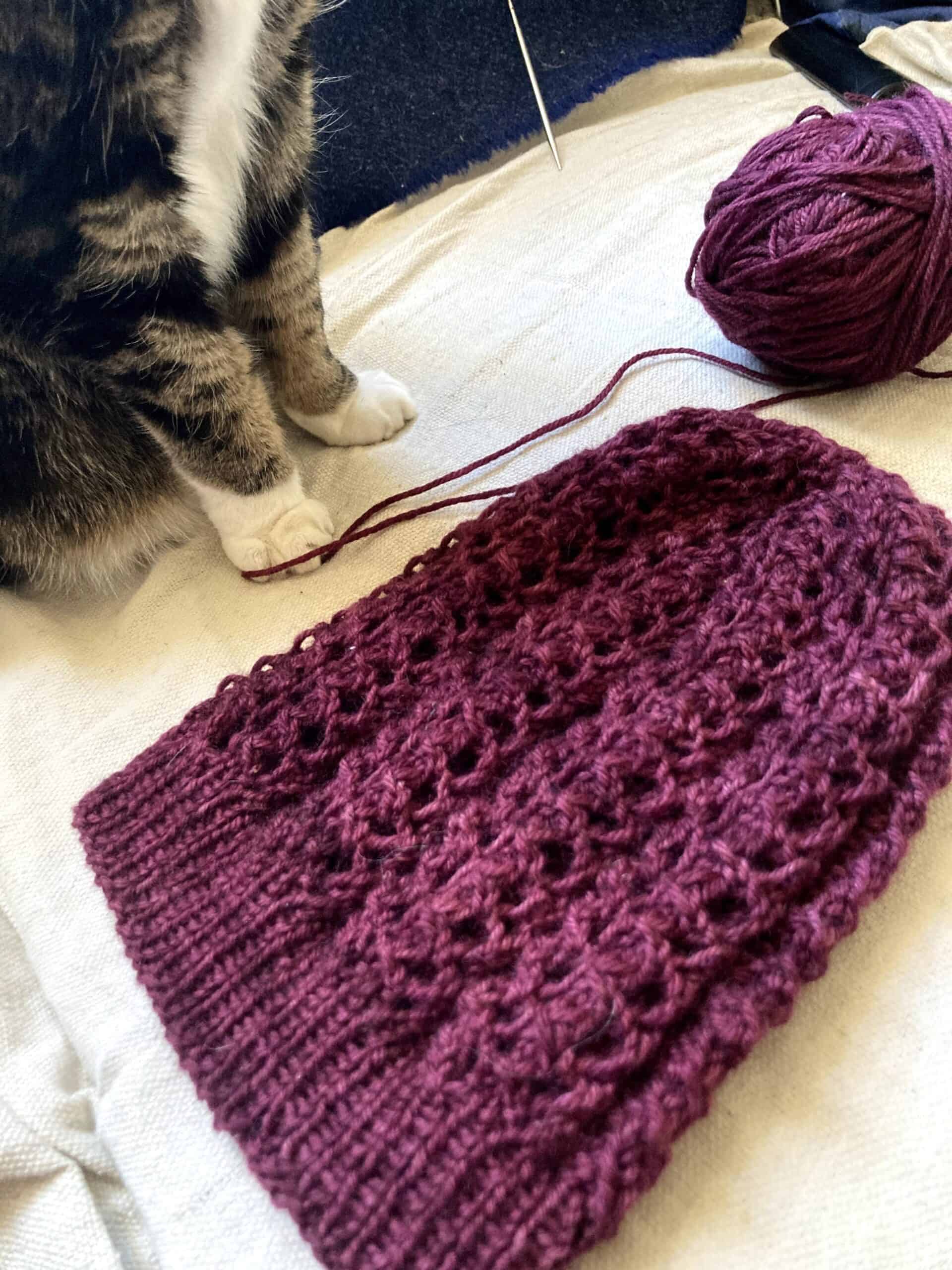 Castiel Hat shown laying flat. Jeremy the cat is standing next to the hat, on the yarn!